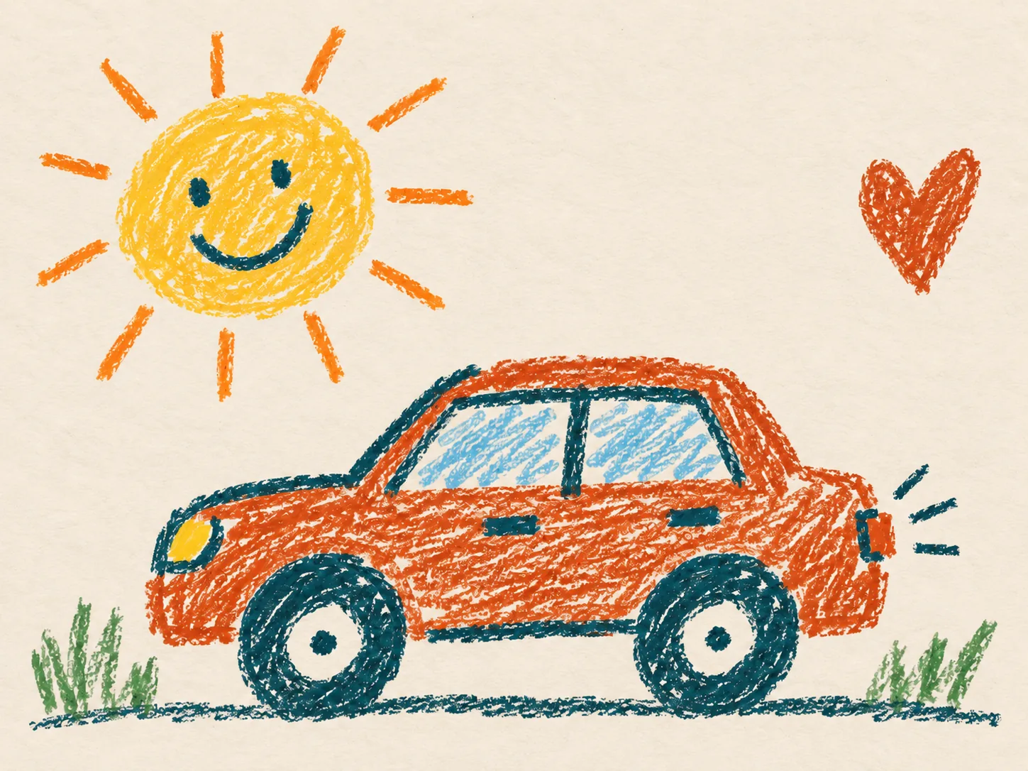 Colorful crayon drawing of an orange car, a smiling sun and a heart